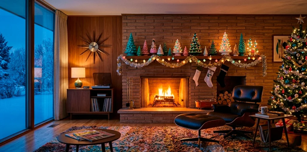 Wide view of a mid-century modern fireplace decorated with colorful retro Christmas accents and warm lighting.
