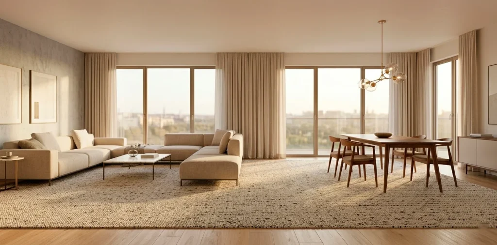 Modern apartment interior featuring elegant light oak peel and stick flooring in a bright living room.
