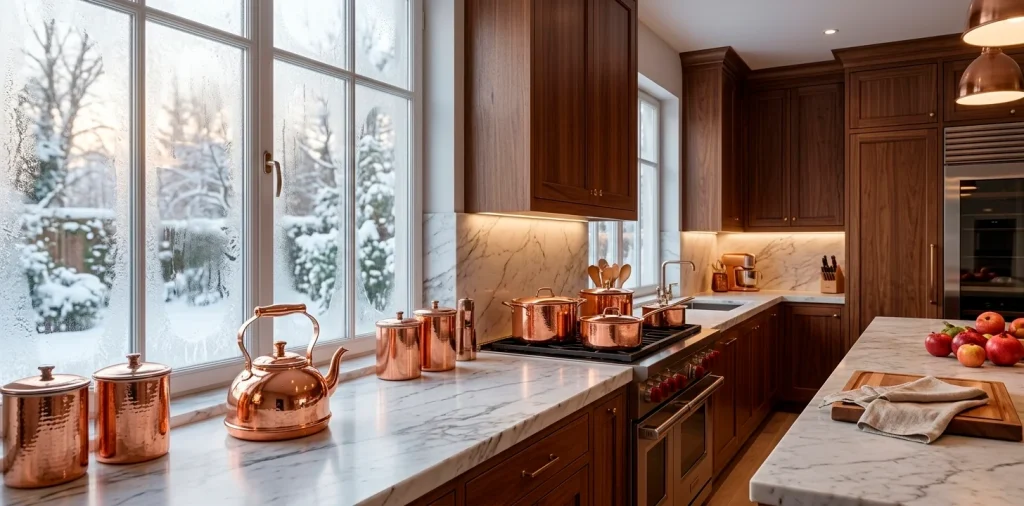 Luxurious kitchen with warm copper accents and winter light reflecting off metallic cookware on marble counters.