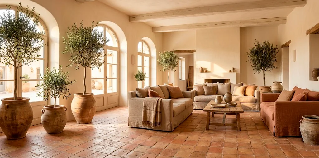 Wide panoramic view of a warm earthy living room with terracotta tiles and clay decor accents.