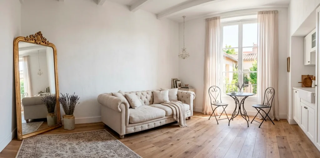 Wide shot of a bright French Provincial studio apartment with white furniture and elegant decor.