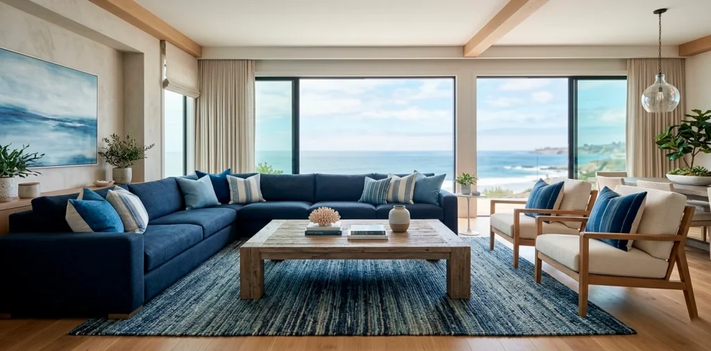 Sophisticated coastal blue living room with modern furniture and expansive ocean views.