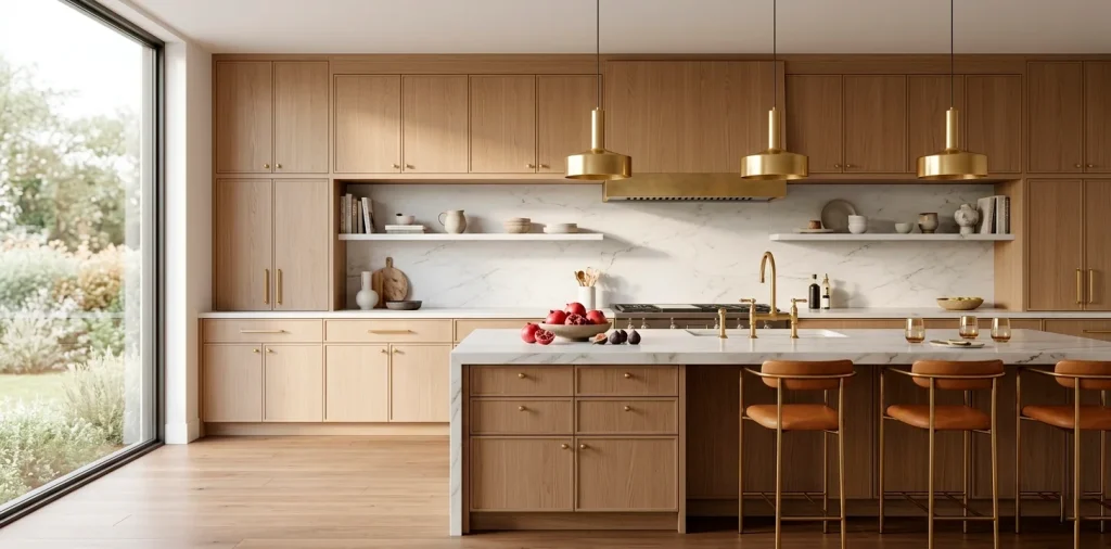 Luxurious modern kitchen featuring golden brass hardware, lighting, and a faucet with oak cabinets and marble.