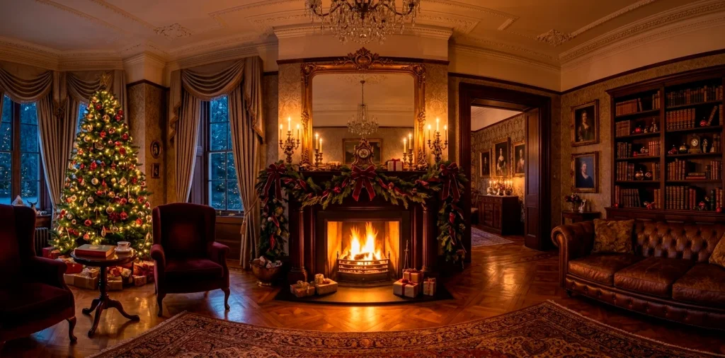 Luxurious Victorian Christmas mantel with thick greenery, gold candles, and a glowing fireplace.