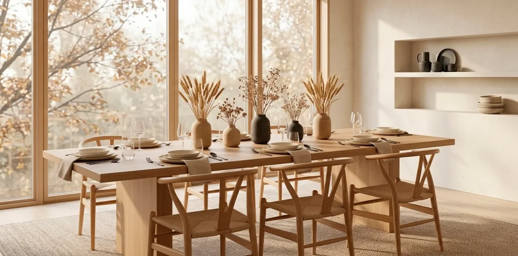 Wide shot of a minimalist Japandi Thanksgiving dining room with light wood furniture and neutral decor.