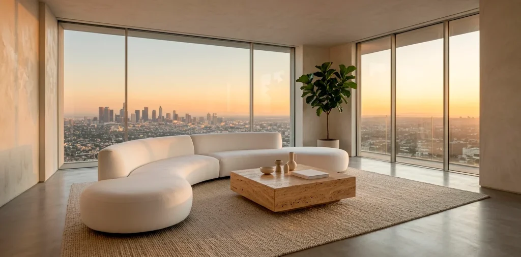 Wide shot of a luxury minimalist living room with a white curved sofa and stone table.
