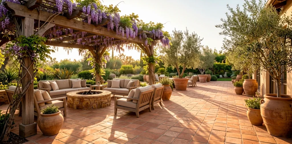 Wide landscape view of a luxury sun-drenched terracotta patio with Mediterranean decor and wisteria.