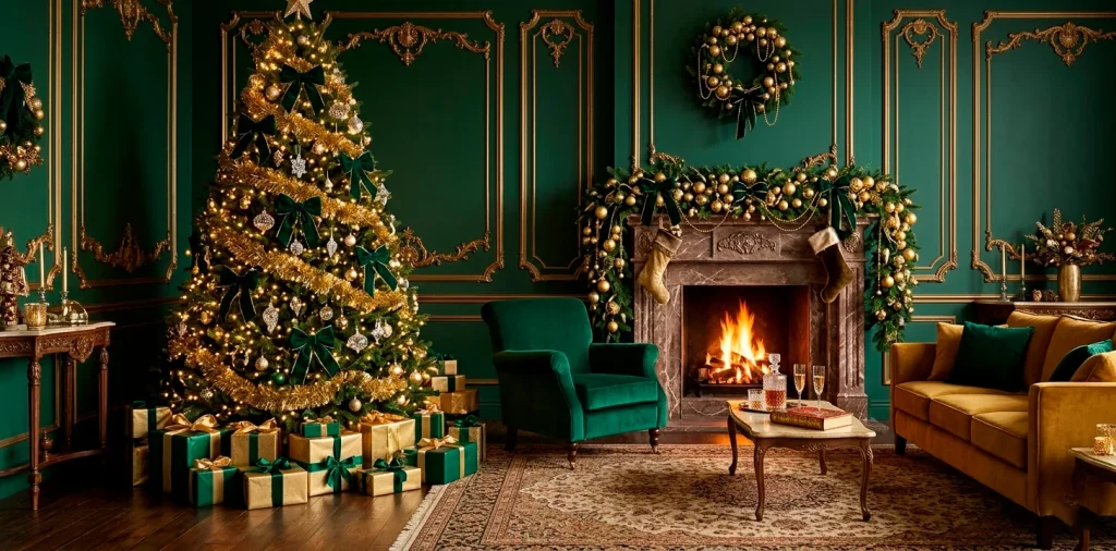 Luxurious emerald green and gold Christmas living room with a grand decorated tree and fireplace.