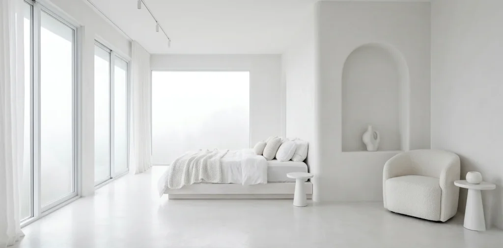 A wide, seamless shot of a luxurious all-white minimalist bedroom with soft morning light and linen bedding.