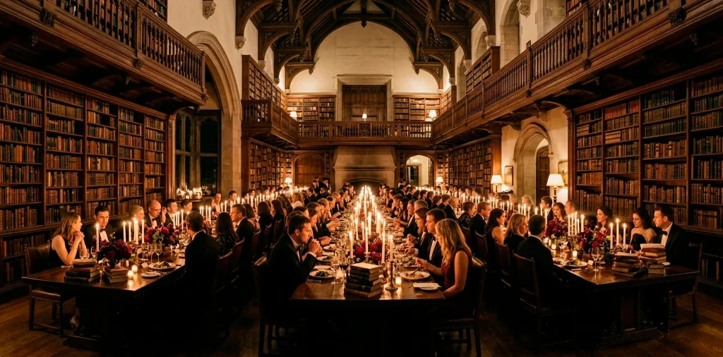 A wide shot of a moody Dark Academia wedding reception in a grand library with candles and old books.