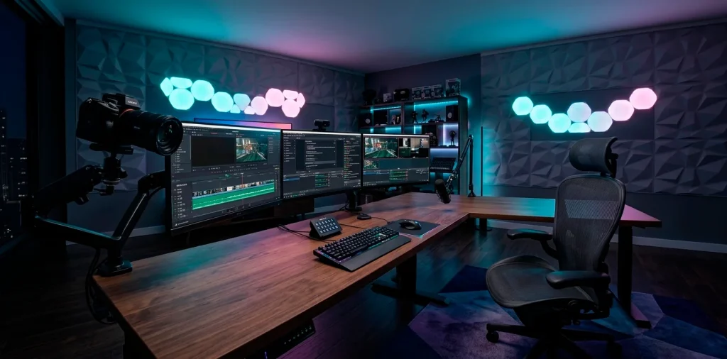 Wide cinematic shot of a professional tech home office designed for streaming and content creation.