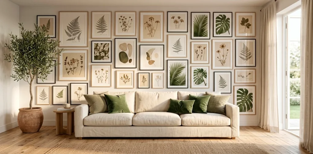 Wide view of a modern living room featuring a diverse botanical gallery wall and spring decor.