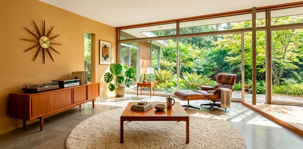 Wide shot of a classic Mid-Century Modern living room with various warm teak wood furniture and decor accents.