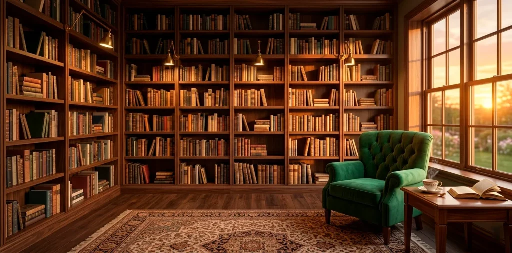 Sophisticated small home library with floor-to-ceiling walnut shelves and an emerald green velvet armchair in golden light.