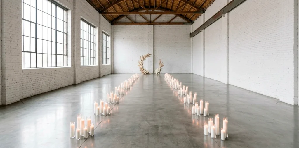 Minimalist wedding reception hall with white brick walls, concrete floors and white pillar candles.