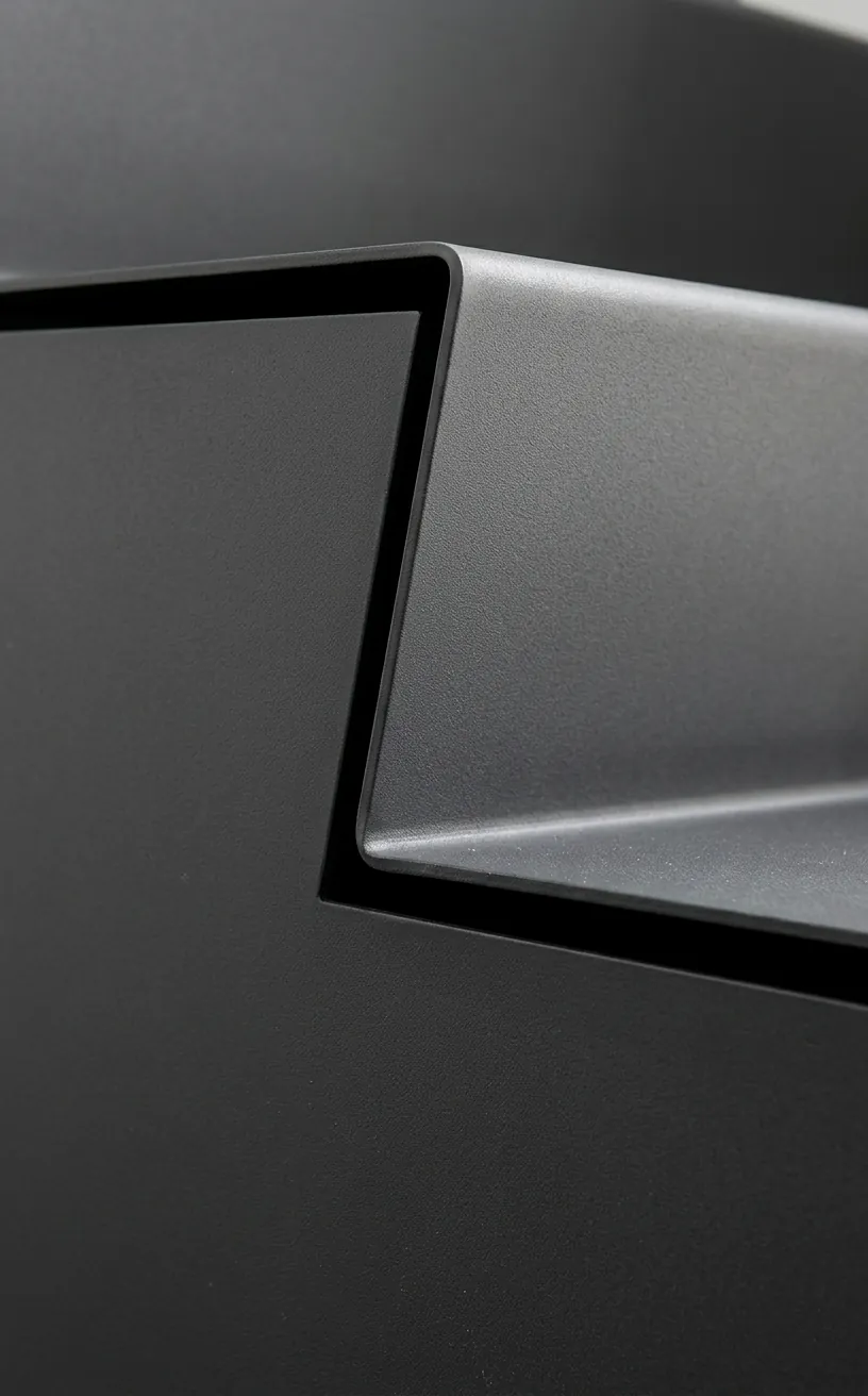 Detail of a folded steel staircase showing sharp angles and matte charcoal finish.