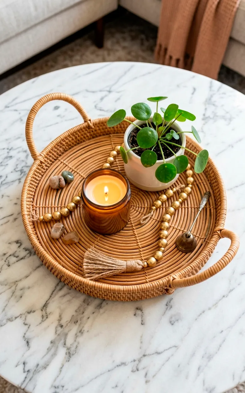 A round woven rattan tray styled with a candle and a plant on a modern coffee table.