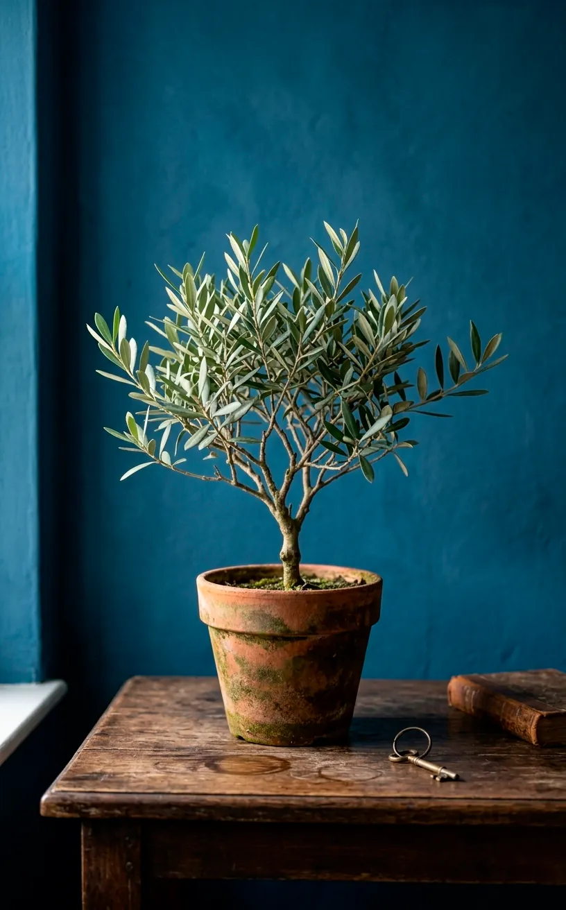 Faux olive tree on a wooden table against a blue backdrop.