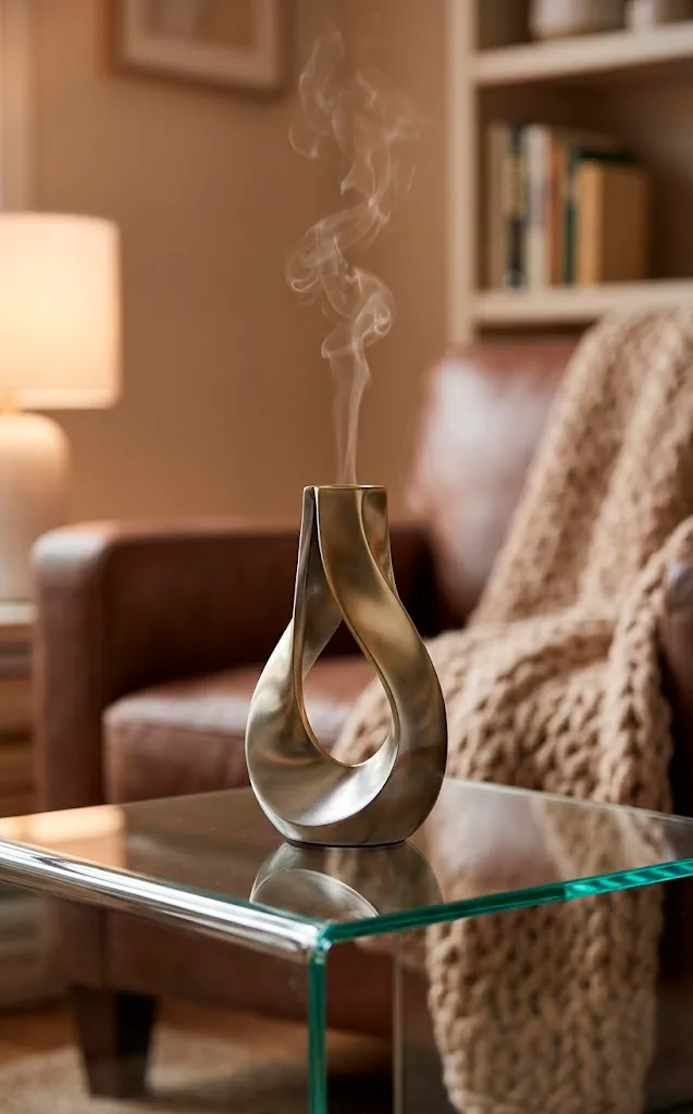 Minimalist sculptural scent diffuser on a glass table in a modern home.