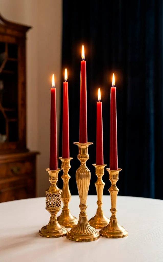 Tall red taper candles in ornate gold brass holders on a white table.