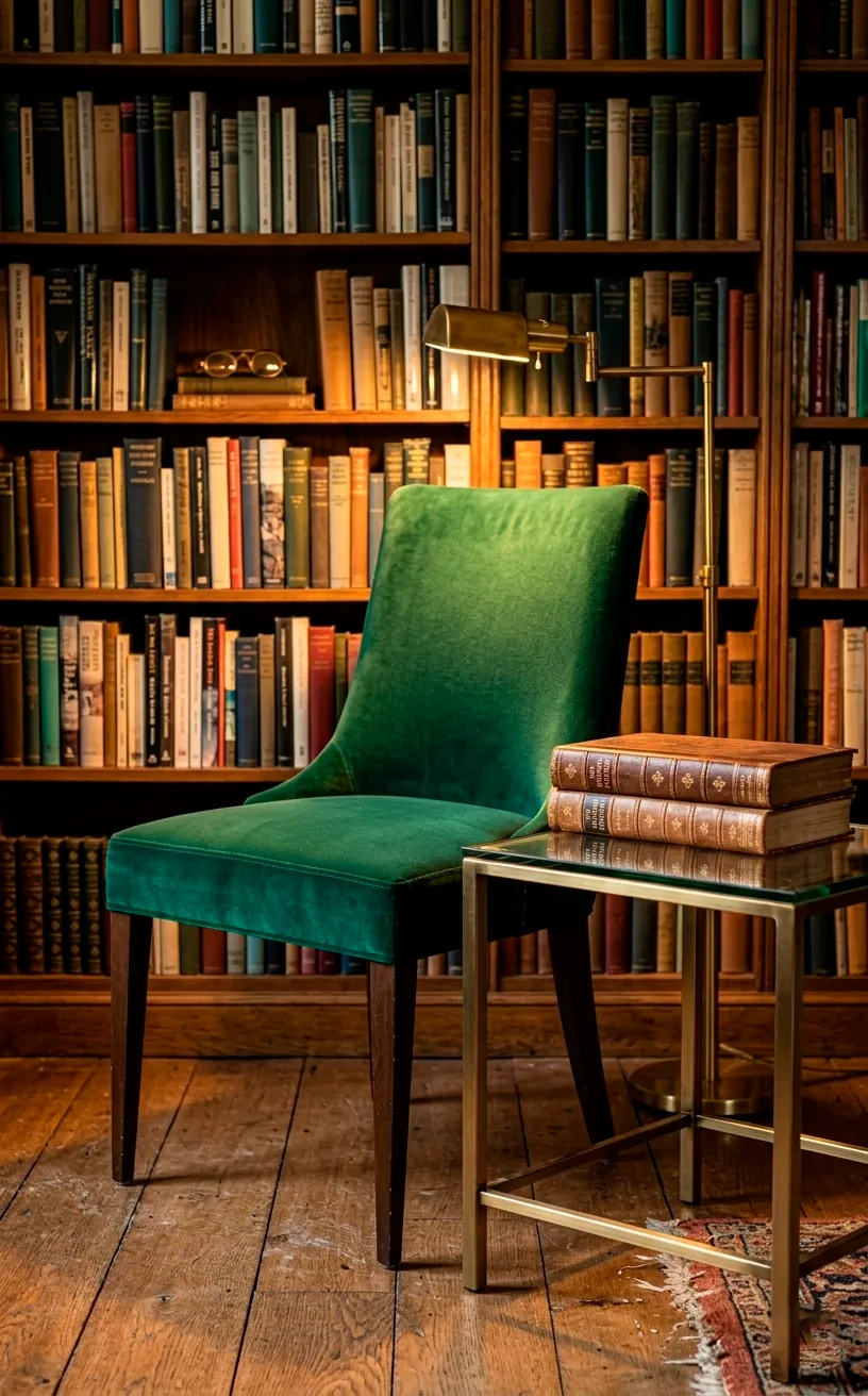 Slim velvet armchair and a glass side table in a library nook showing the floor beneath.