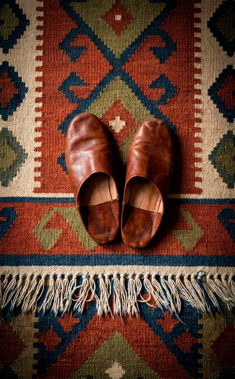 Top-down detail of a flat-weave Kilim rug with geometric patterns and fringe.