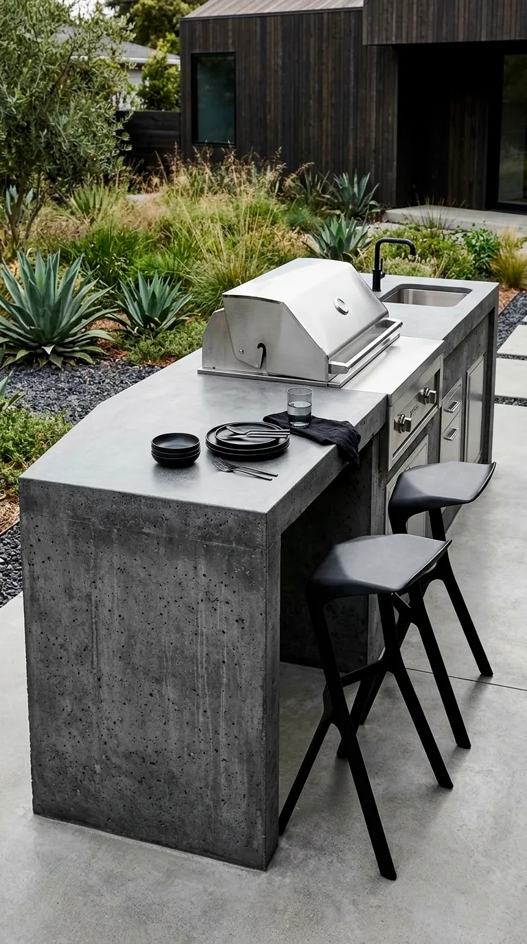 Minimalist concrete outdoor kitchen island with integrated grill.