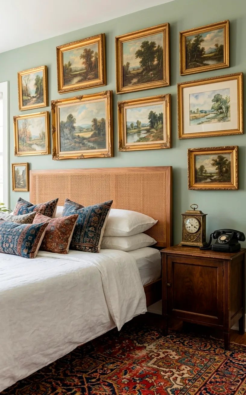 Vintage-inspired boho bedroom with a rattan headboard and antique brass decor.