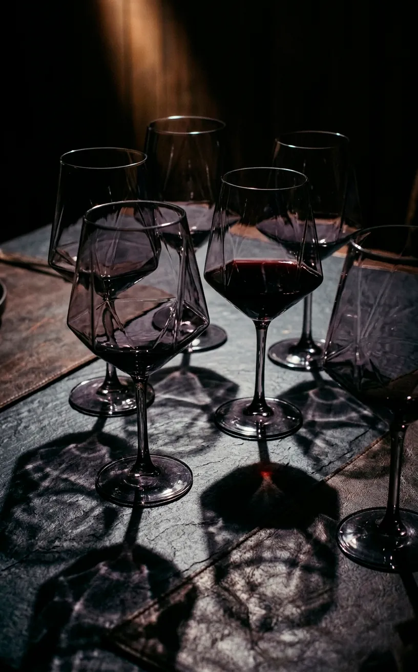 Smoked grey geometric wine glasses on a dark festive table.