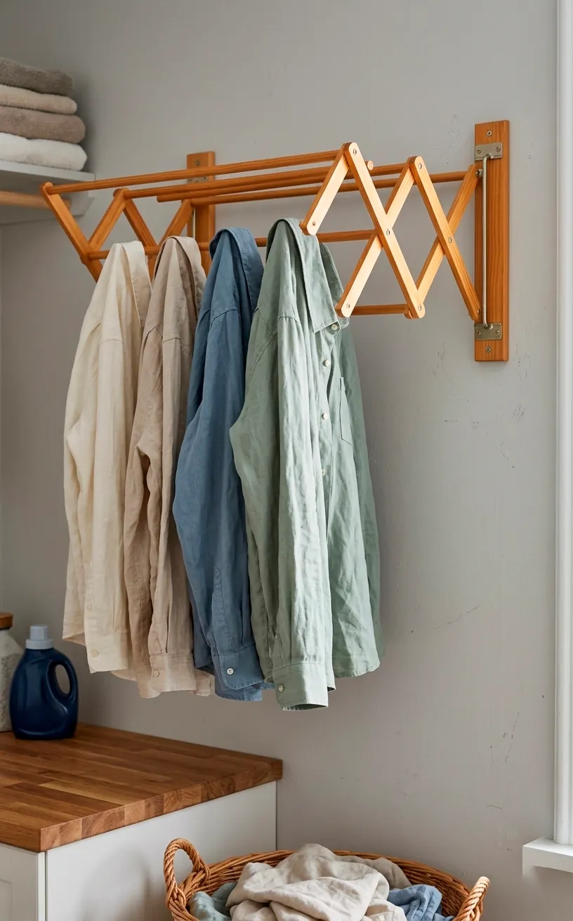 Wall-mounted wooden accordion drying rack with hanging linen clothes.