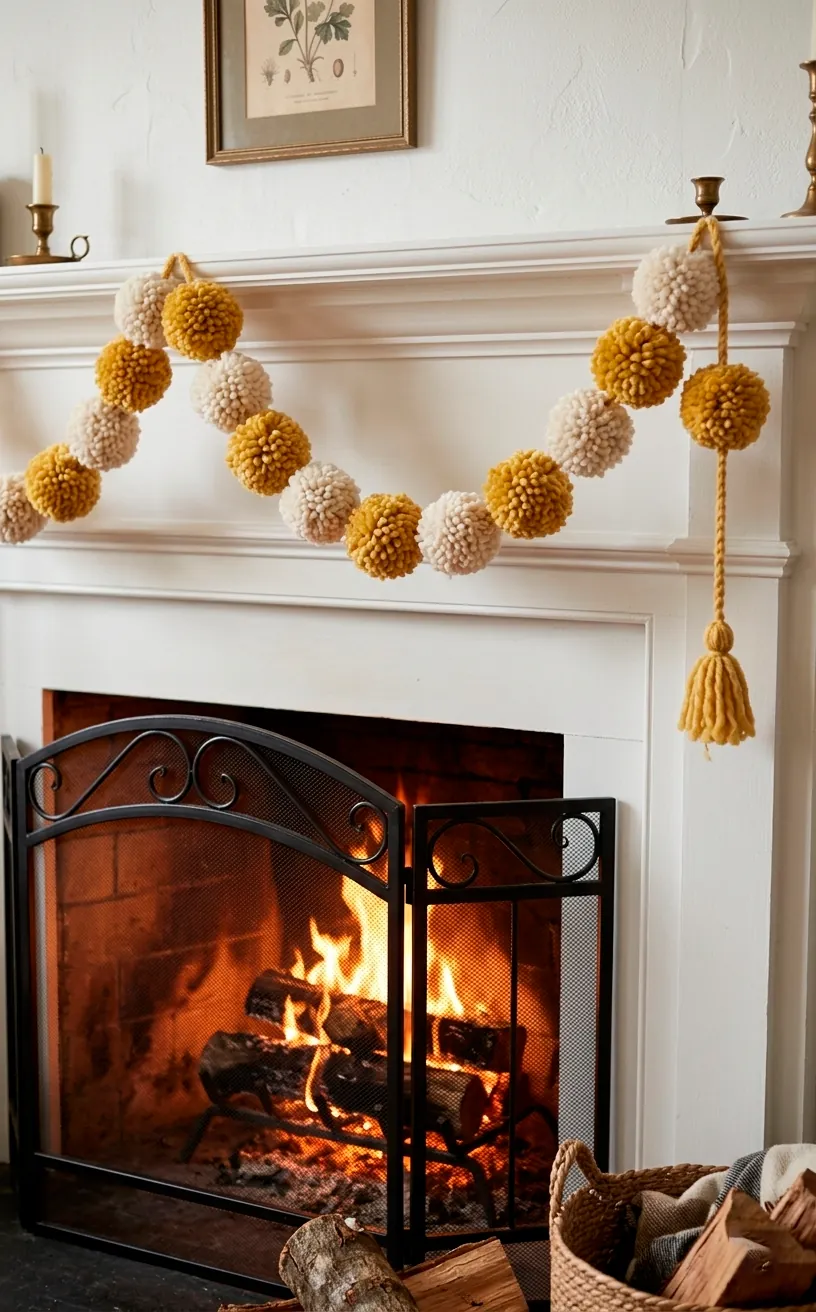 Mustard yellow and cream pom-pom garland draped on a fireplace.