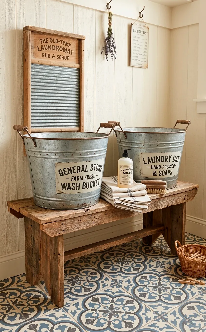 Vintage galvanized metal buckets in a farmhouse-style laundry room.