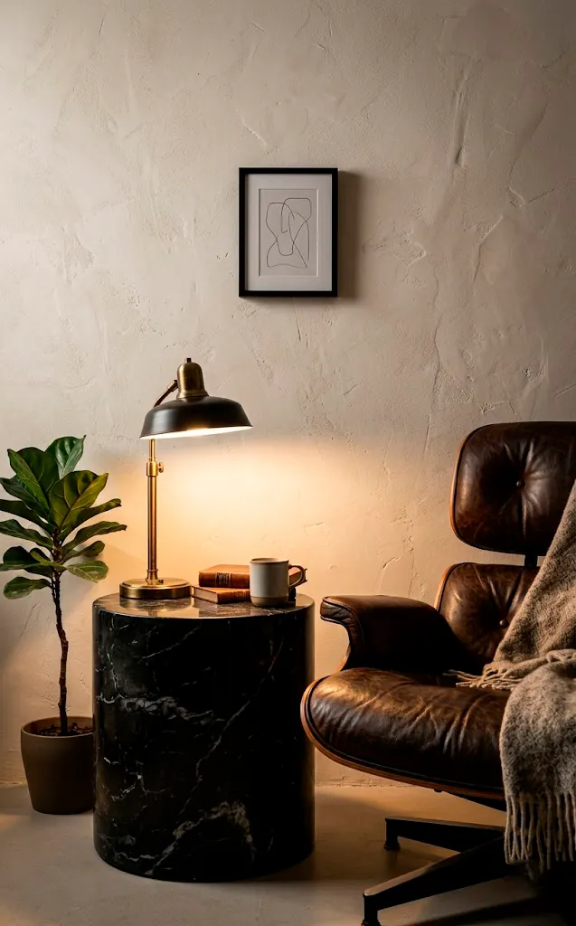 Black marble cylinder side table in a minimalist reading nook.