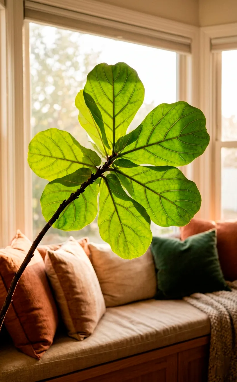 Backlit Fiddle Leaf Fig leaves leaning toward a window in a sunny room.