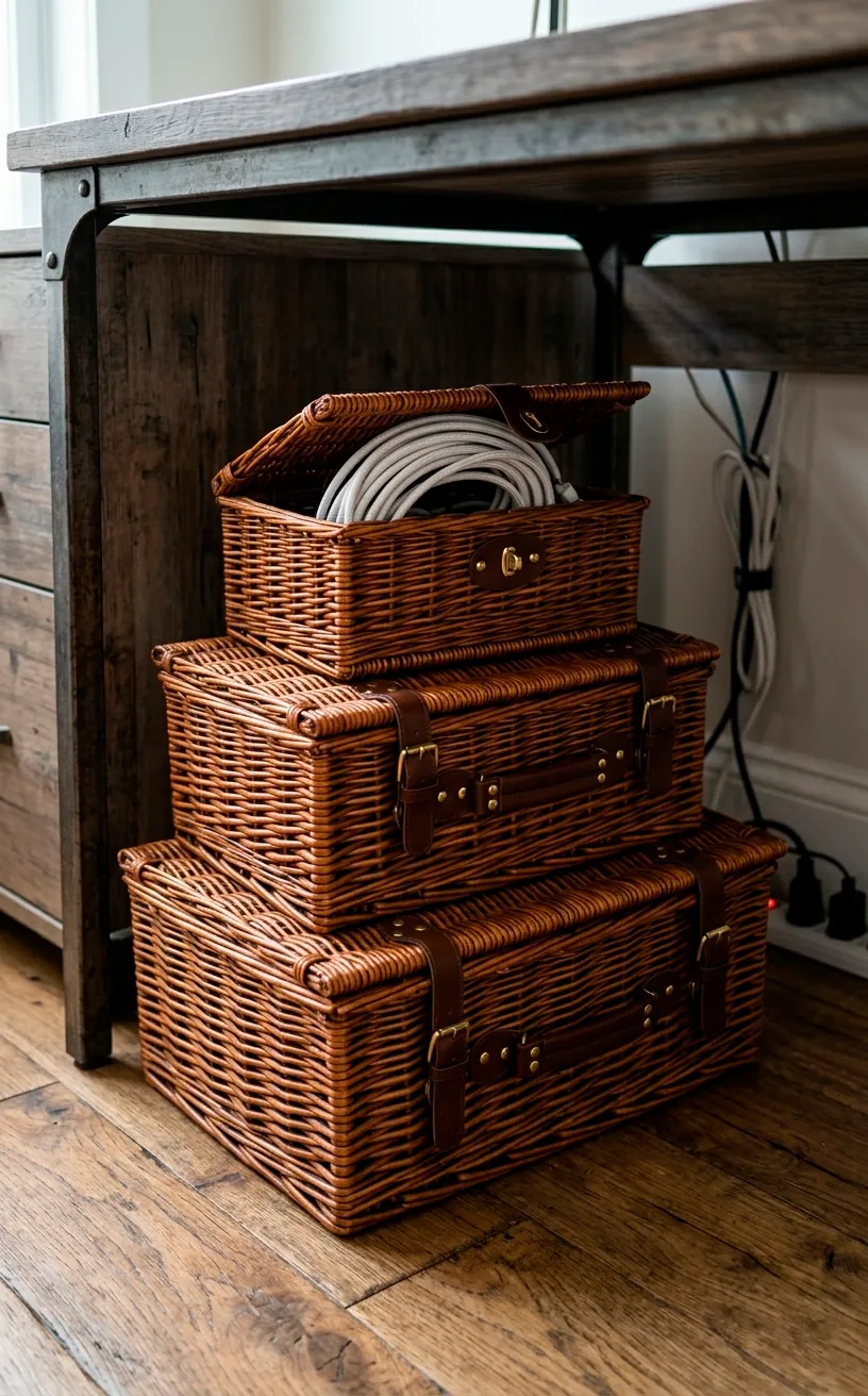 Set of three wicker storage baskets with leather straps under an office desk.
