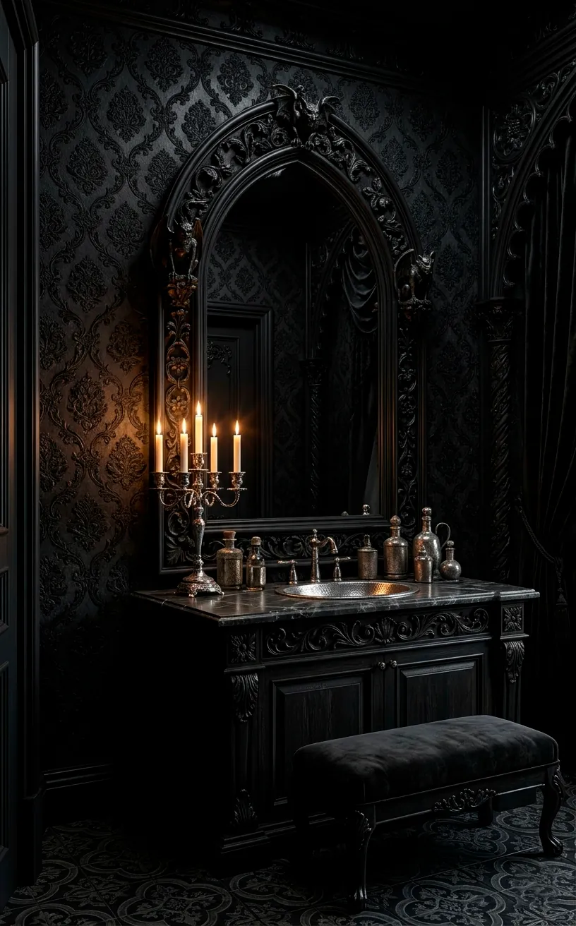 Gothic arched black mirror in a moody, dramatic powder room.