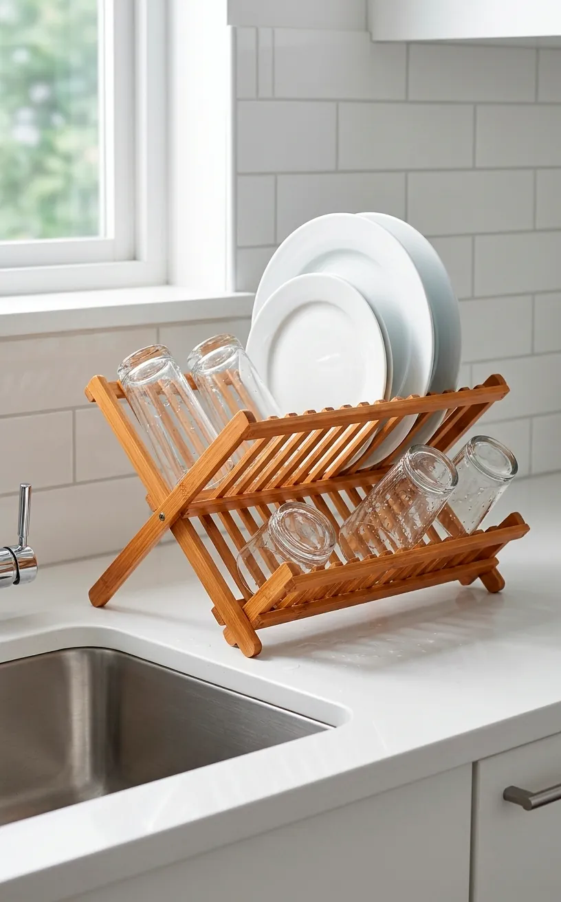 Bamboo folding dish rack with white ceramic plates in a bright kitchen.