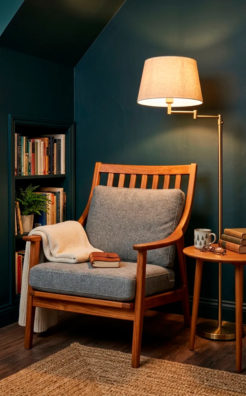 Classic mid-century accent chair with a teak wood frame and grey fabric cushions.