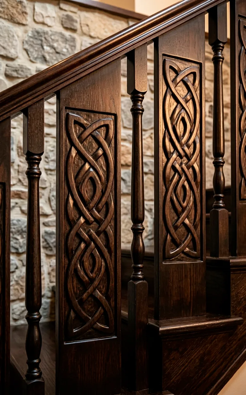 Traditional staircase with hand-carved Celtic knotwork patterns in dark wood panels.