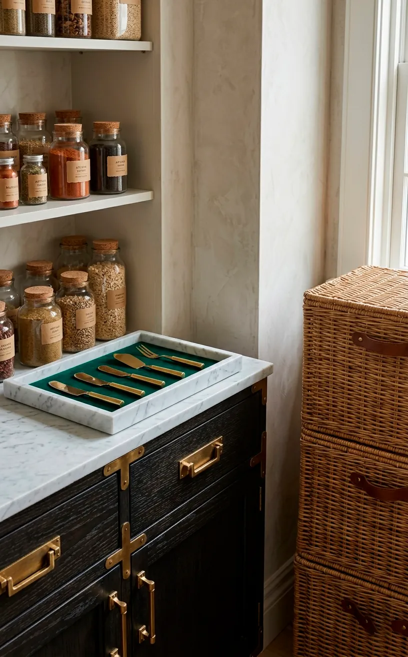 Pantry interior showing a mix of brass hardware, wicker baskets, and marble.