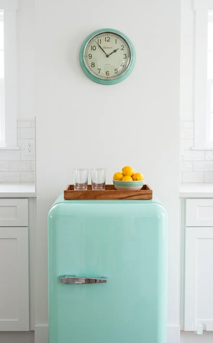 Mint green retro mini fridge used as a beverage station in a kitchen.