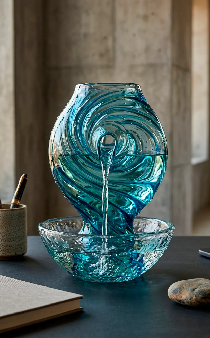 Unique hand-blown glass water feature with blue swirls on a modern office desk.