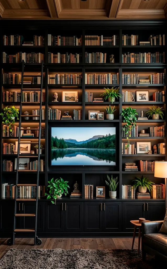 Floor-to-ceiling matte black bookcase with integrated TV space.