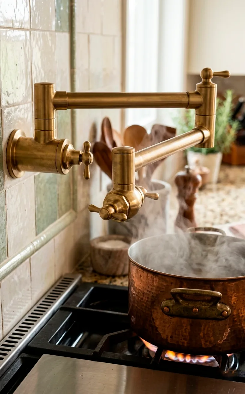 Close-up of a brass pot filler arm extended over a stove in a luxury kitchen.