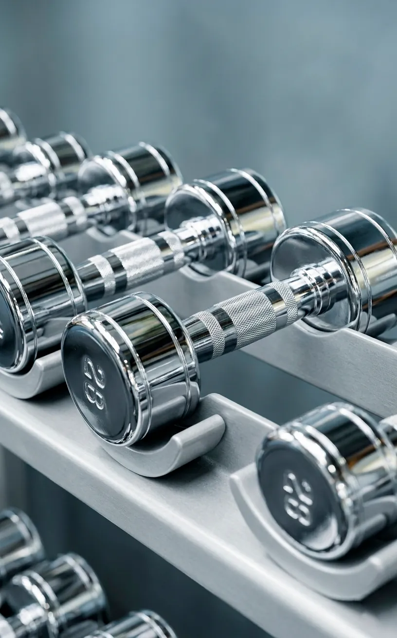 Chrome dumbbells on a silver rack in a bright, modern silver mist workout space.