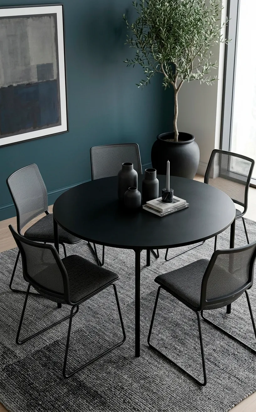 Charcoal mesh outdoor dining chairs around a black metal table.