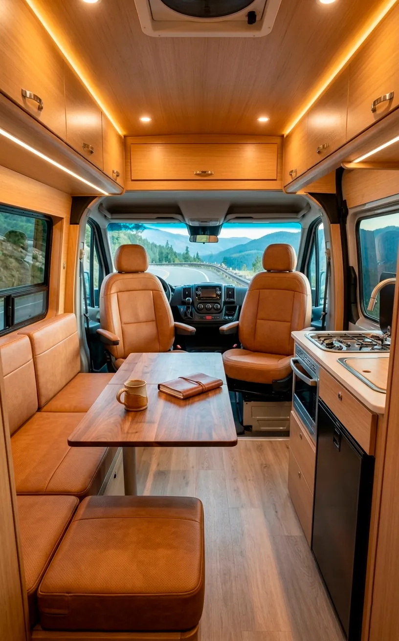 Swivel seats in a camper van upholstered in premium tan faux-leather.