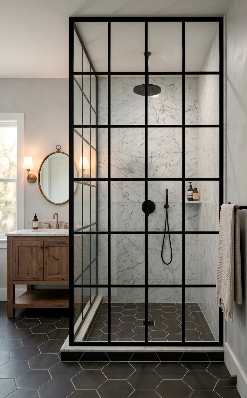 Walk-in shower with a black steel grid glass enclosure and marble tile.