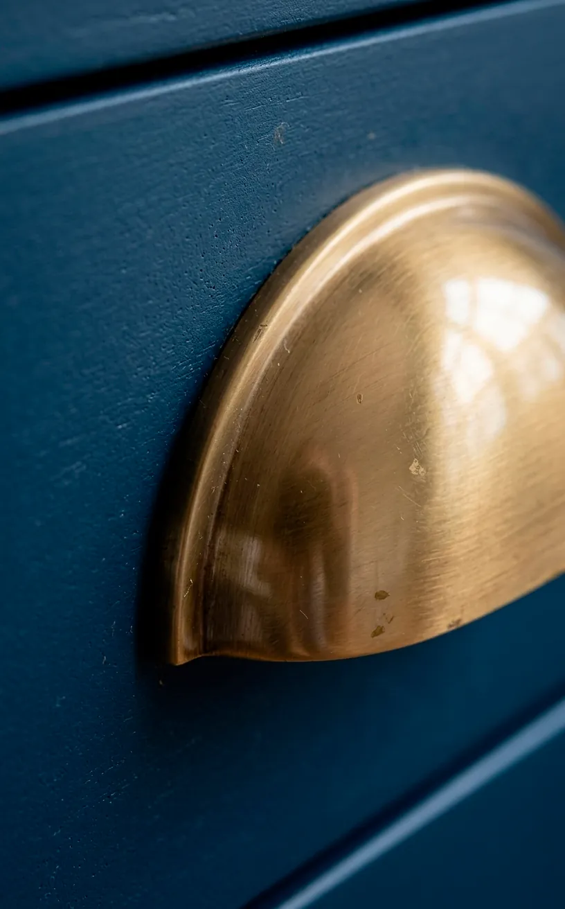 Close-up of brushed brass handle on a dusty blue furniture piece.