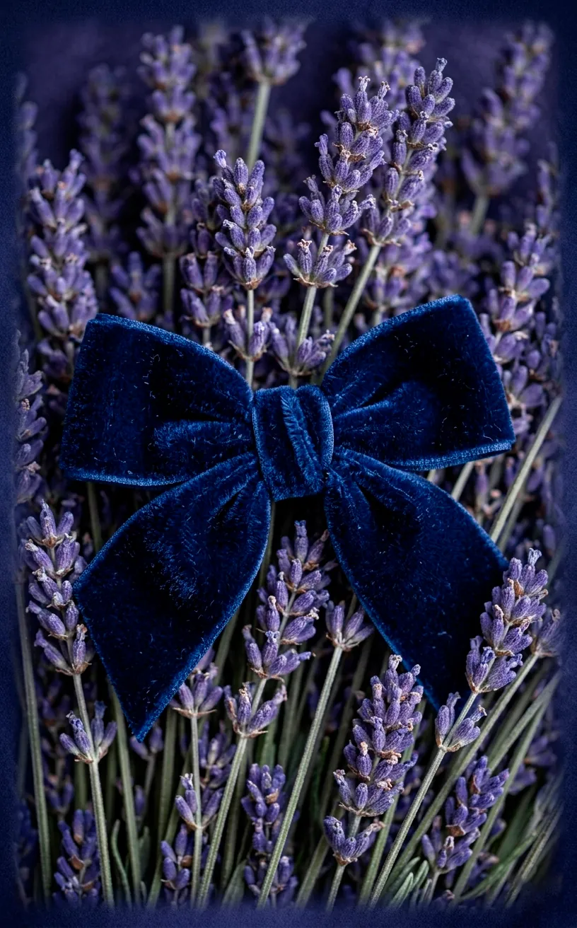 Close-up of a navy velvet ribbon on a dried lavender wreath.